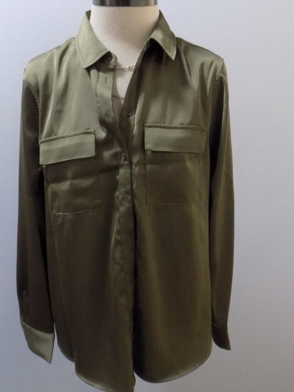 Saks Fifth Avenue Olive Green Satin Utility Shirt